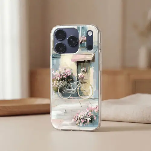 Fiets - Pastelkleuren - Bloemen Telefoonhoesje iPhone 17 Pro klein -sfeer2