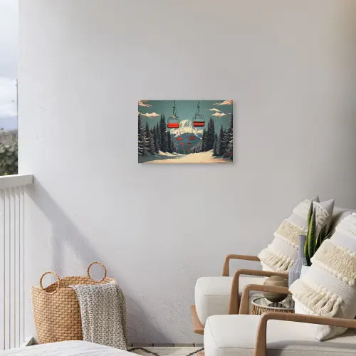 Sneeuw - Skilift - Rood - Bomen Tuinposter op houten frame 2 cm dik klein -sfeer1