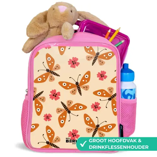 Oranje vlinders en roze bloemen op beige achtergrond Kinderrugzak - Roze middel -inhoud_NL