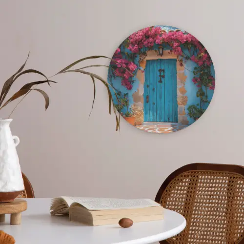 Deur - Hout - Bloemen - Blauw Akoestische PET Vilt - Rond klein -sfeer3