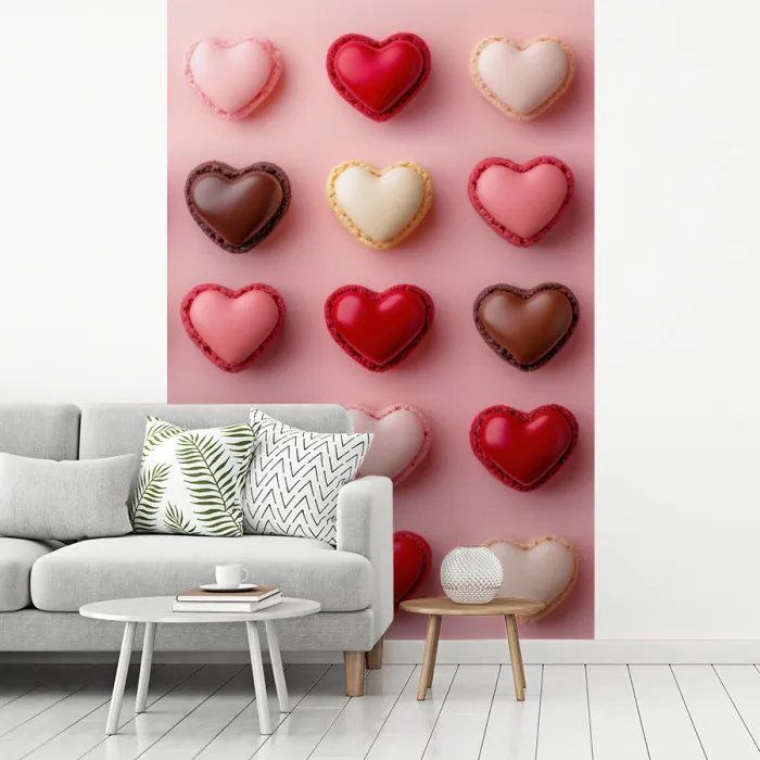 Macarons - Hartjes - Kleurrijk - Roze fotobehang vinyl groot -woonkamer