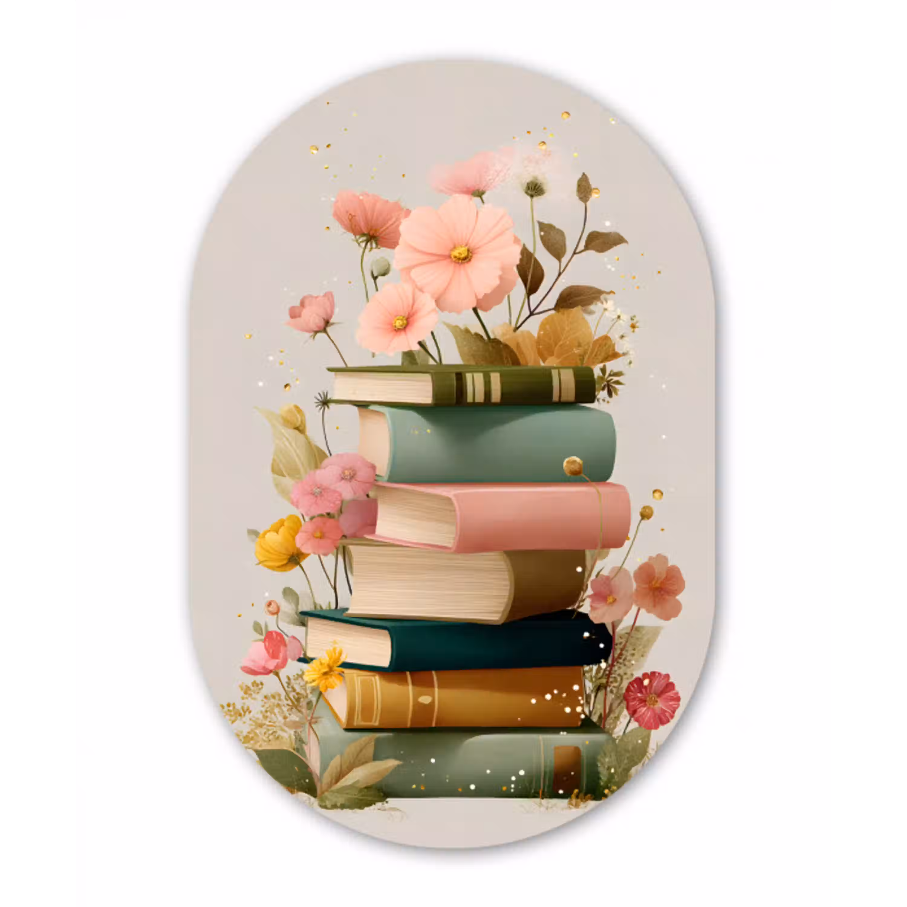 Boeken - Stapel - Bloemen - Kleurrijk Wandcirkel Ovaal Glas middel -3d