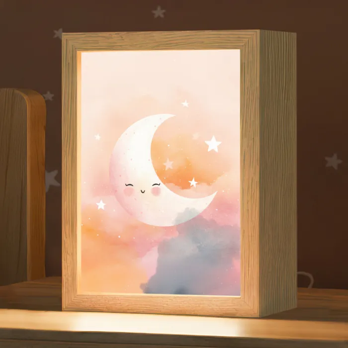 Maan - Gezichtje - Sterren - Roze Light Box met kabel klein -zzz_3d_website