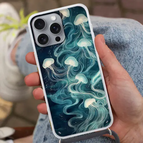 Kwallen - Zee - Wit - Golven Hoesje iPhone 16 Pro Max met koord klein -sfeer3
