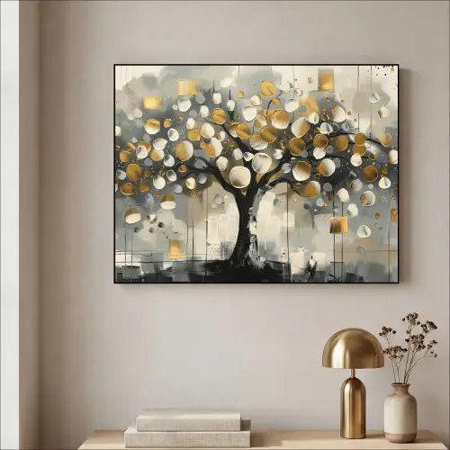 Boom - Abstract - Beige - Goud - Zwart Textielframe zwart klein -sfeer2