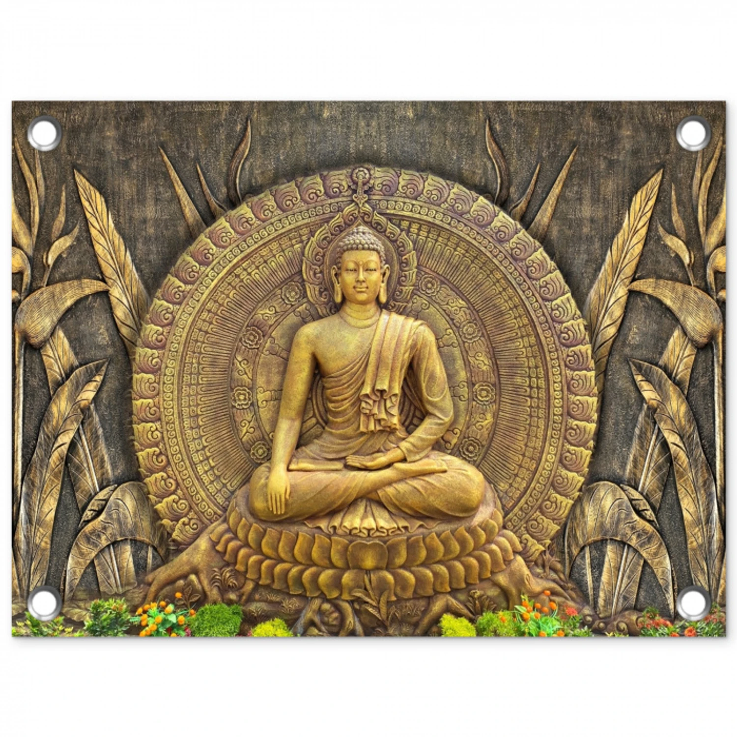 Gouden Boeddha-reliëf tuinposter los doek klein -3d