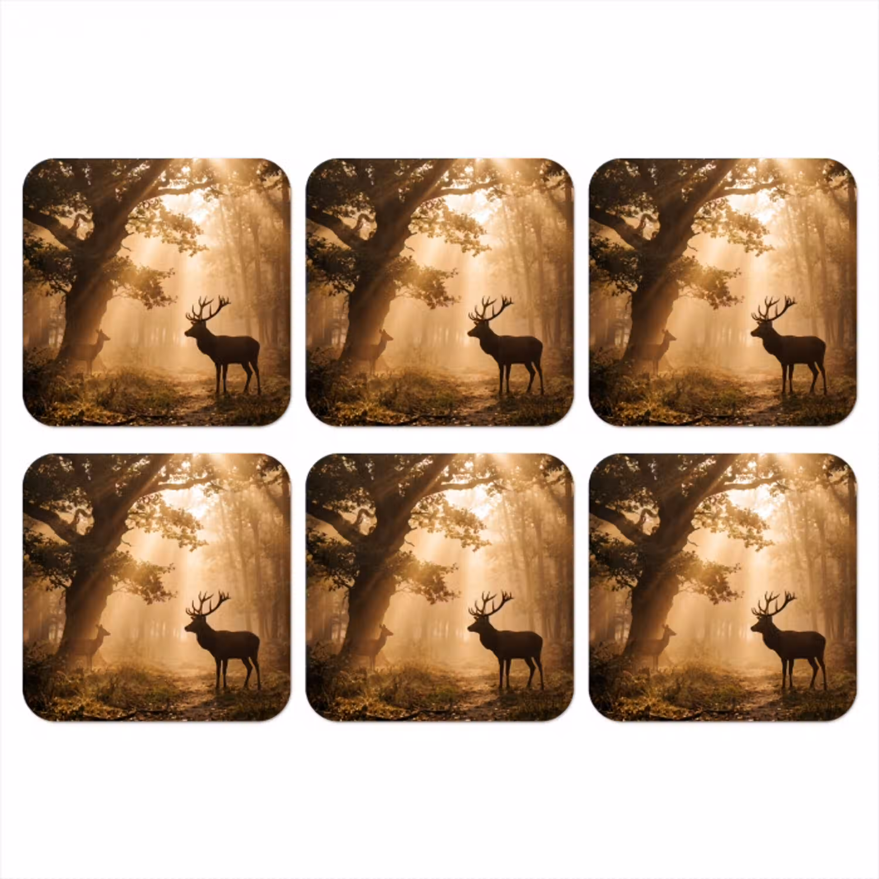 Hert - Bos - Mistig - Natuur - Goud onderzetter kurk middel -3d
