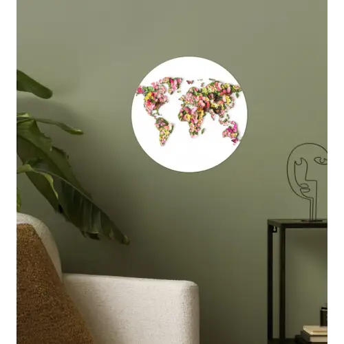 Wereldkaart - Bloemen - Felgekleurd Wandcirkel behangsticker klein -sfeer2