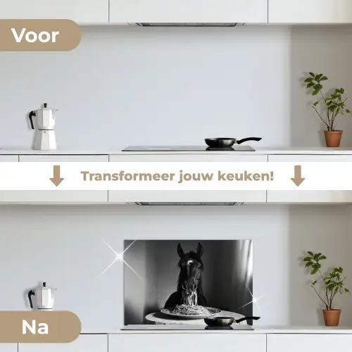 Paard - Bord - Pasta - Tafelkleed - Zwart Wit - Dieren keuken achterwand spatscherm klein -voor_na_NL