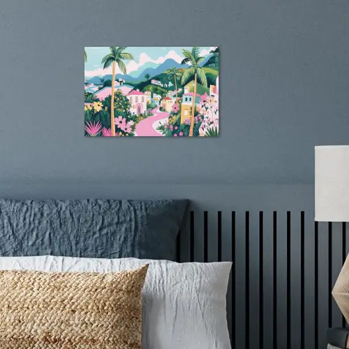 Kleurrijk - Huizen - Heuvels - Roze poster papier klein -sfeer2