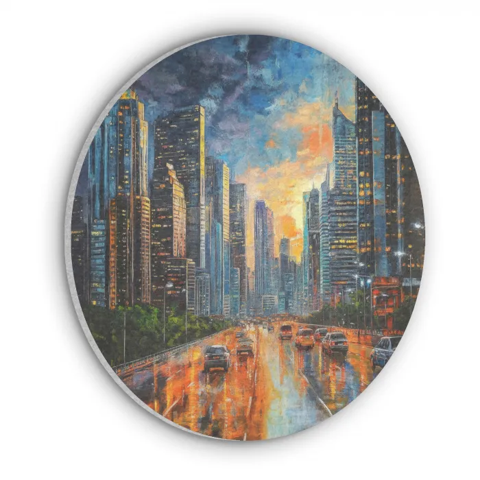 Auto - Skyline - Zon - Blauw Akoestische PET Vilt - Rond klein -3d