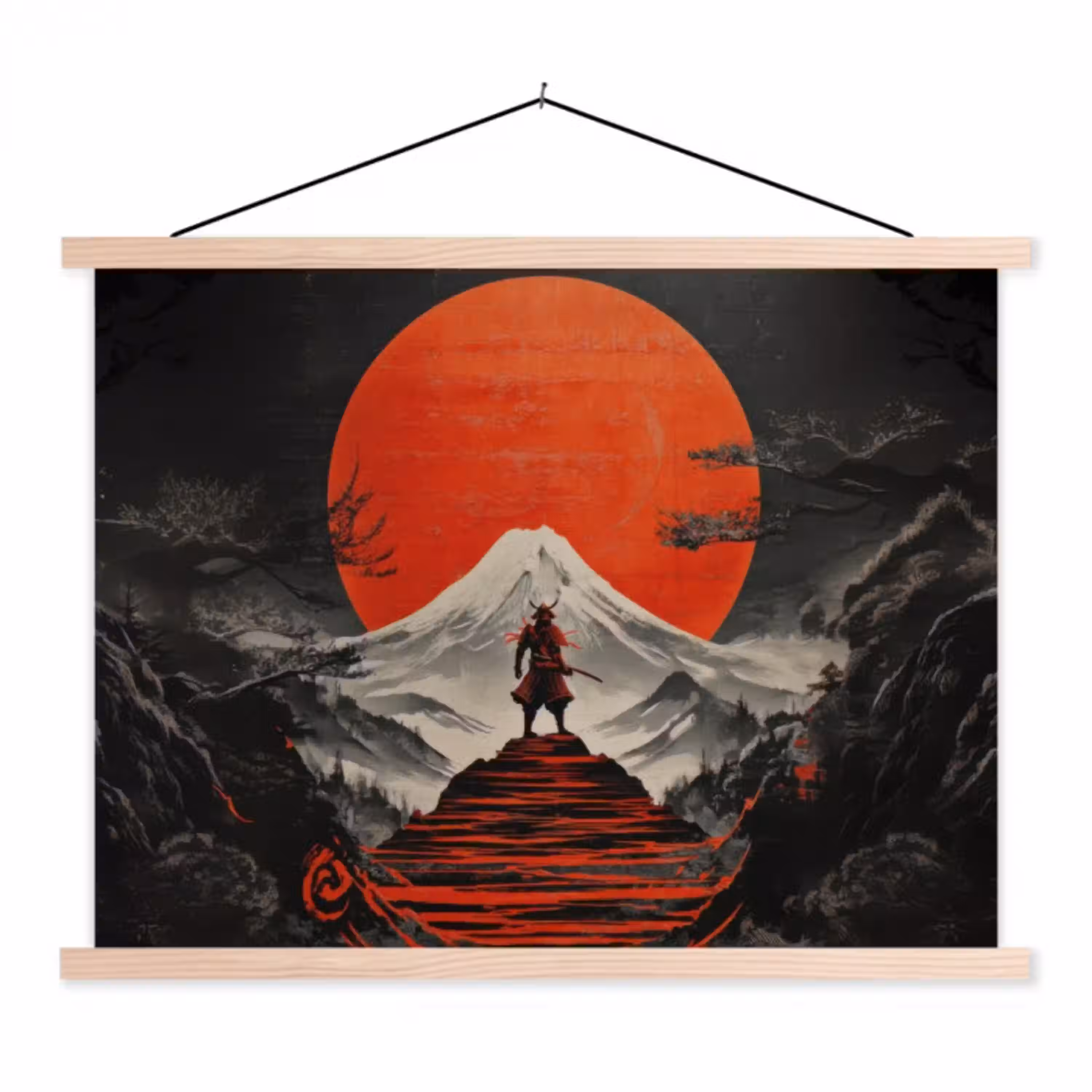 Krijger - Rode trappen - Zon - Berg textielposter latten blank klein -3d