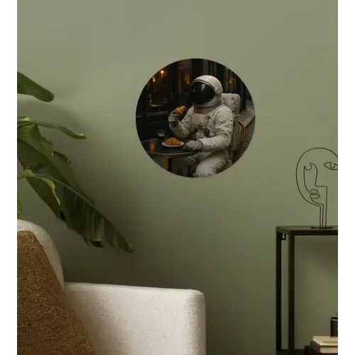 Café - Croissant - Koffie - Astronaut Wandcirkel behangsticker klein -sfeer2