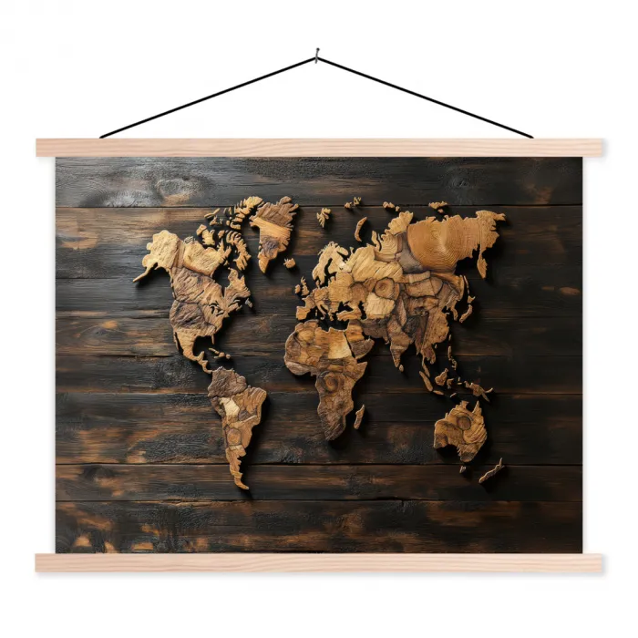 Wereldkaart -  Hout - Mozaïek textielposter latten blank klein -3d
