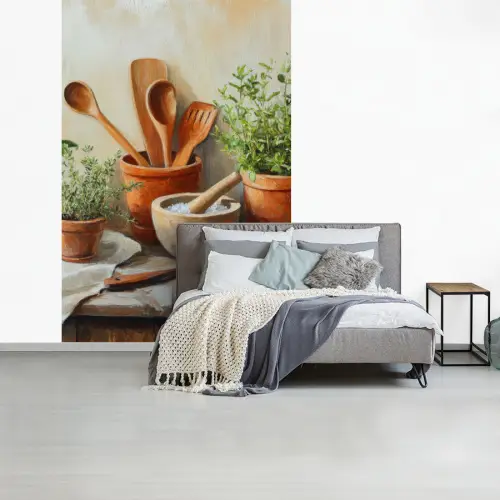 Potten - Kruiden - Hout fotobehang vinyl groot -slaapkamer