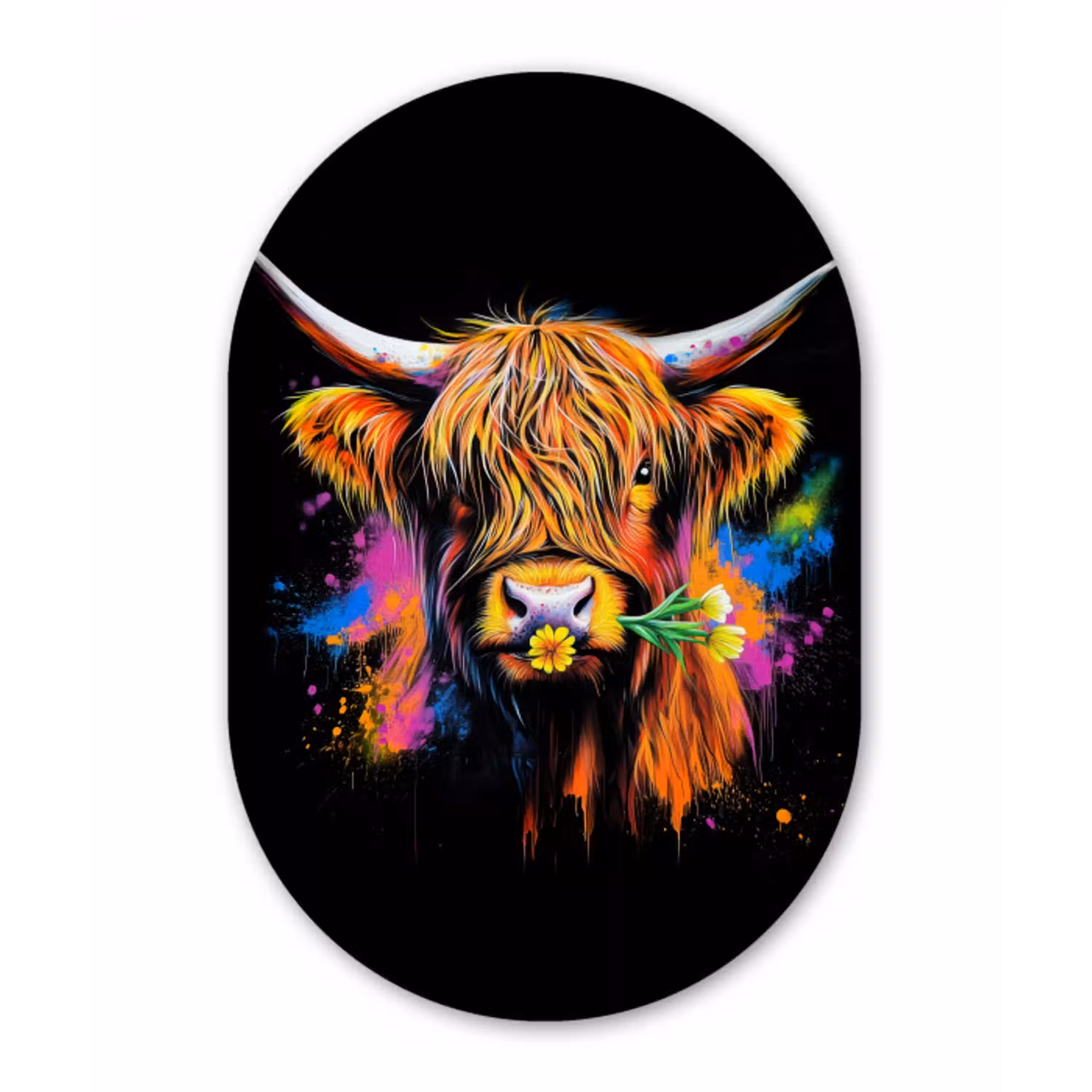 Schotse Hooglander - Graffiti - Kleurrijk - Bloem - Dieren Wandcirkel Ovaal Glas middel -3d