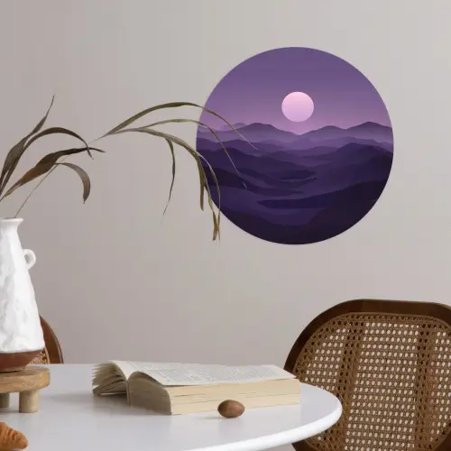 Heuvels - Paars - Mist - Zon Wandcirkel behangsticker klein -sfeer3