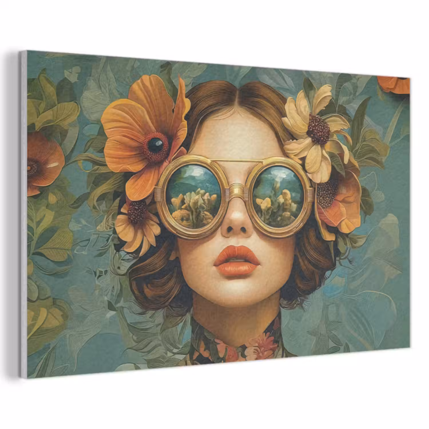Akoestisch schilderij - Vrouw - Bloemen - Vlinders - Natuur - Vintage