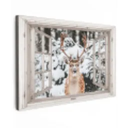 Doorkijk - Hert - Sneeuw - Winter - Bos - Dieren - Natuur Tuinposter op houten frame 2 cm dik klein -3d