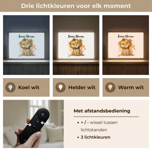 Leeuw - Waterverf - Bruin - Dieren - Meisjes - Jongens Light Box met batterij (Wandlamp kind) middel -USP_lichtkleurNL