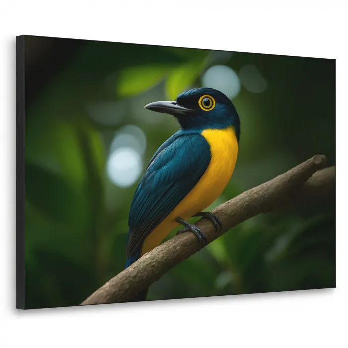 Vogel - Tak - Geel - Bladeren Textielframe zwart klein -3d