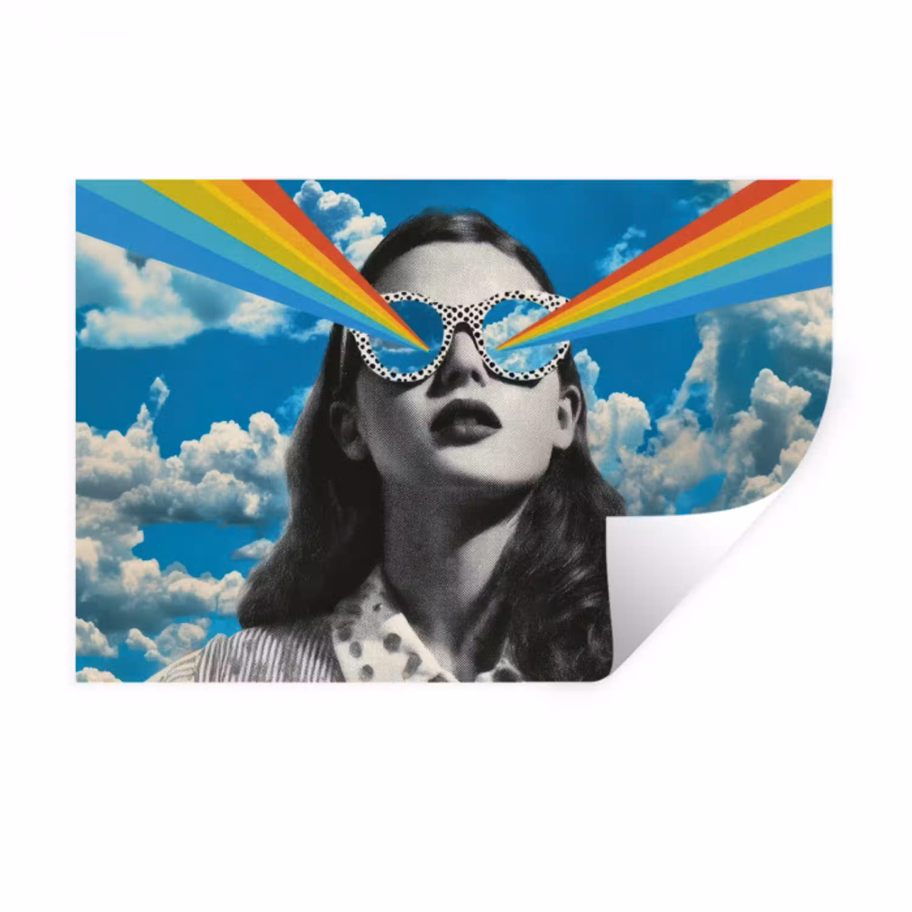 Vrouw - Bril - Regenboog - Wolken Muursticker klein -3d