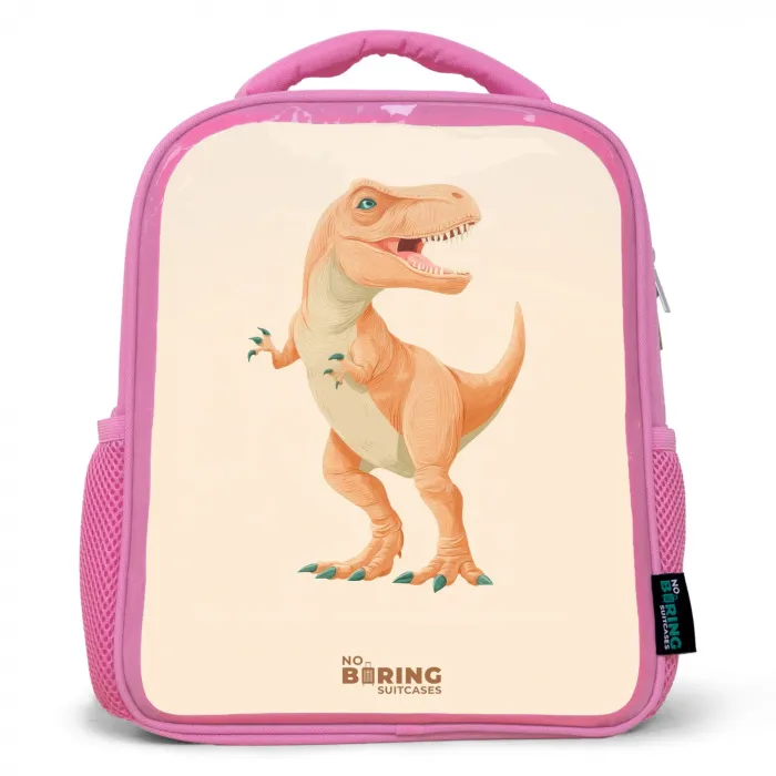 T-rex dino in oranje kleuren Kinderrugzak - Roze middel -3d