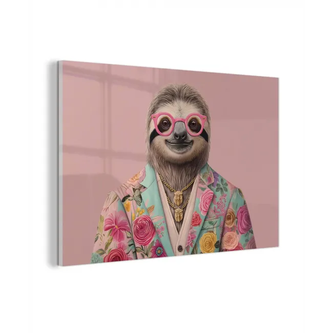 Glas schilderij - Luiaard - Bloemenprint - Bril - Roze