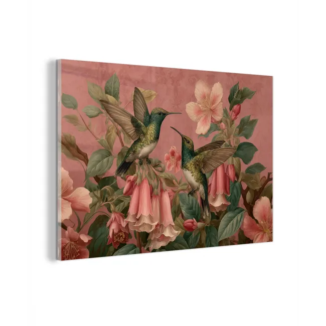 Glas schilderij - Kolibries - Bloemen - Groen - Roze