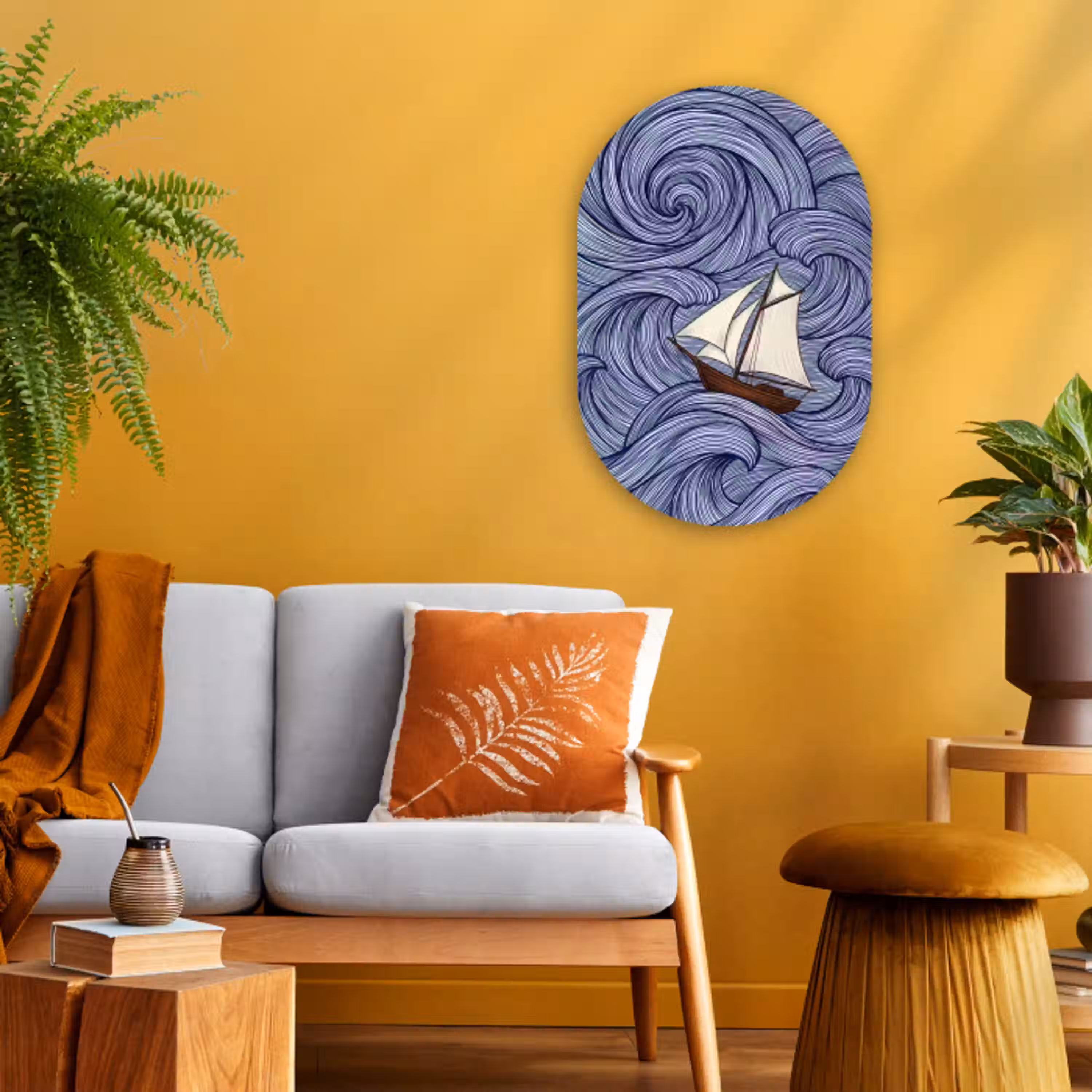 Schip - Golven - Zee - Illustratie - Blauw Wandcirkel Ovaal Forex klein -sfeer4
