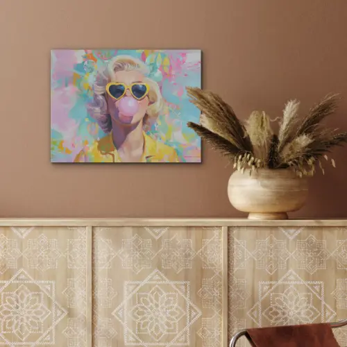 Vrouw - Blond - Roze kauwgom - Kleurrijk - Pastel PET vilt klein -sfeer4