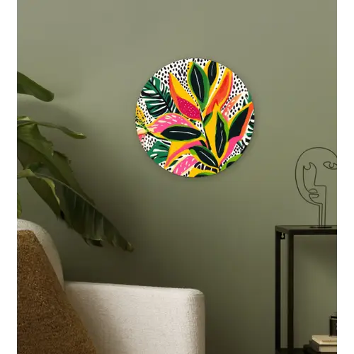 Tropisch - Bladeren - Zwart - wit Wandcirkel kunststof plaat 5mm dik klein -sfeer3