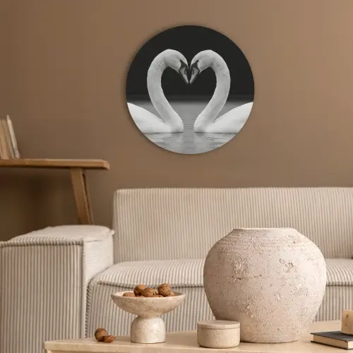Zwanen - Hart - Zwart - Wit Akoestische PET Vilt - Rond klein -sfeer1