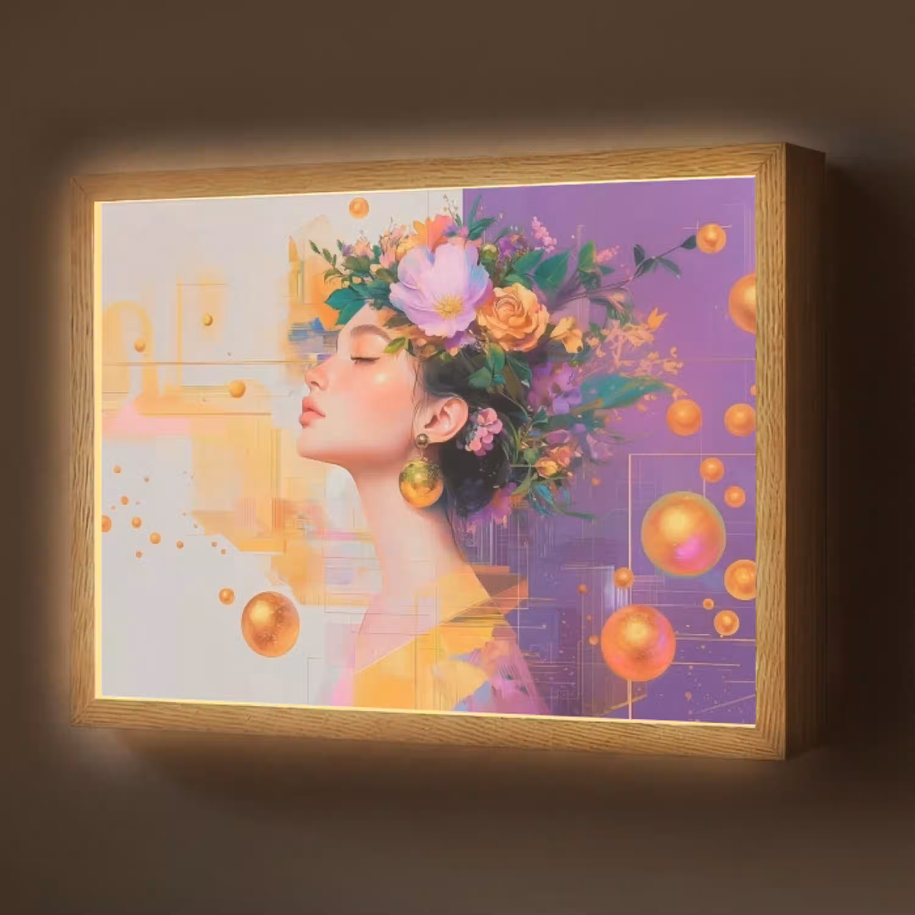 Abstract - Vrouw - Bloemenkroon - Goud Light Box met batterij (Wandlamp) middel -z3d_website