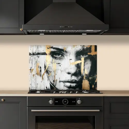 Portret - Vrouw - Penseelstreken - Goud keuken achterwand spatscherm klein -sfeer1