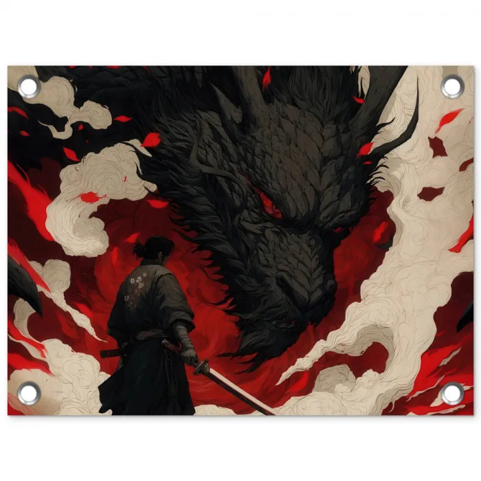 Krijger - Draak - Zwart - Rood - Rook tuinposter los doek klein -3d