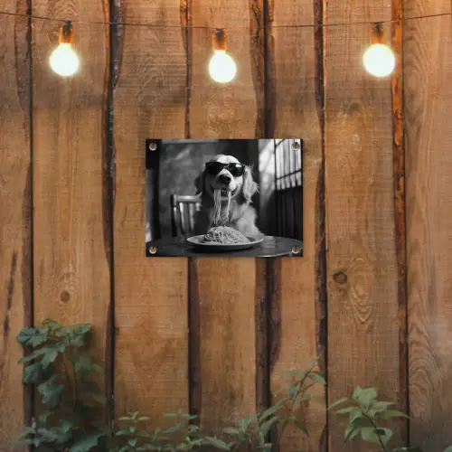 Golden Retriever - Hond - Vrolijk -  Bord spaghetti - Zwart - wit tuinposter los doek klein -sfeer1