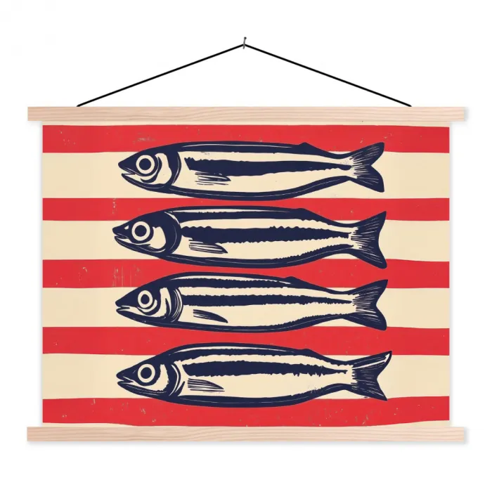 Sardines - Rood en beige strepen textielposter latten blank klein -3d