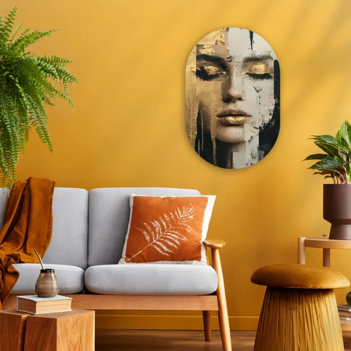 Abstract - Goud - Gezicht - Lippen Wandcirkel Ovaal Forex klein -sfeer4