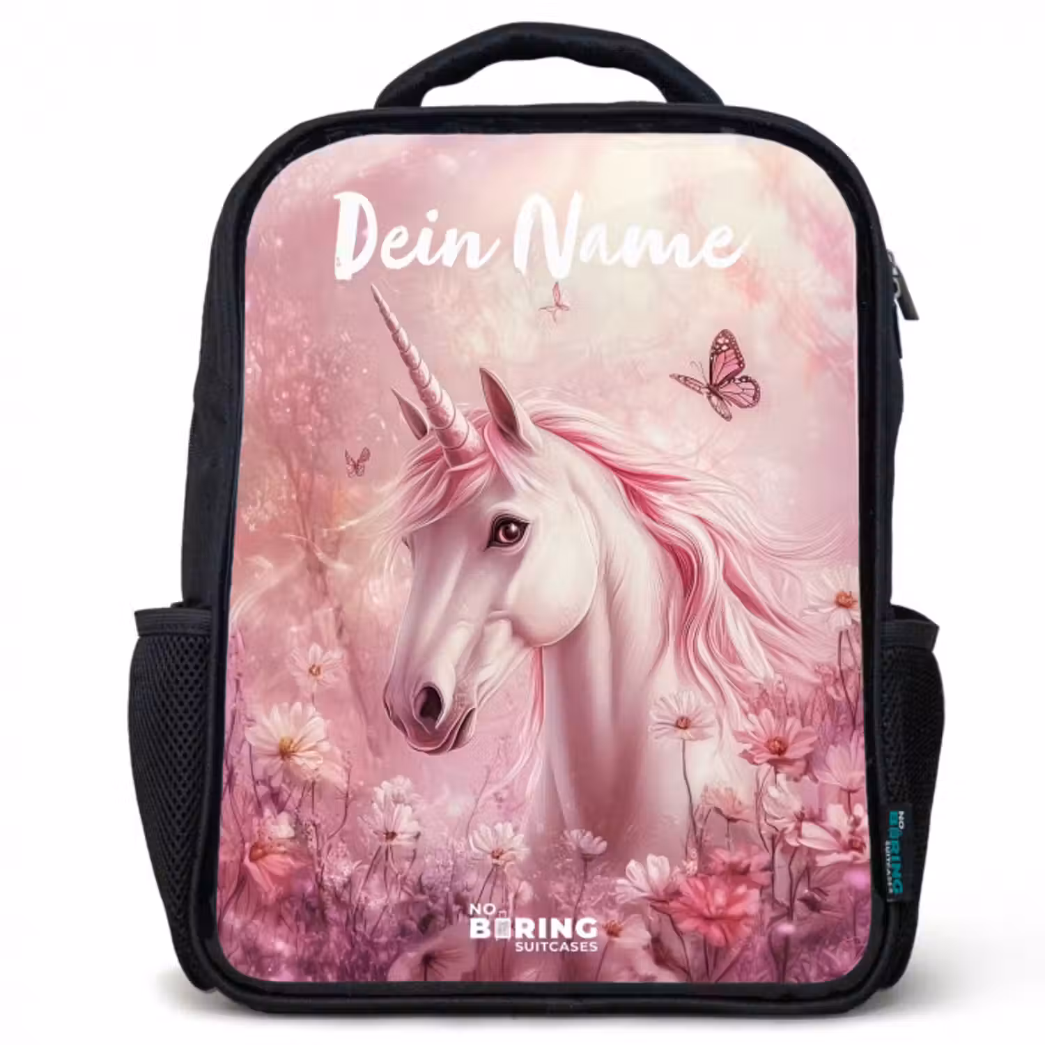 Kinderrucksack mit Namen - Schwarz - Einhorn - Rosa - Schmetterling - Blumen