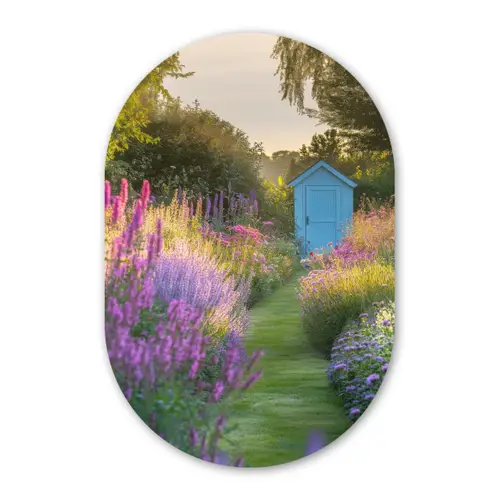 Tuinhuisje - Blauw - Bloemen Wandcirkel Ovaal Forex klein -3d