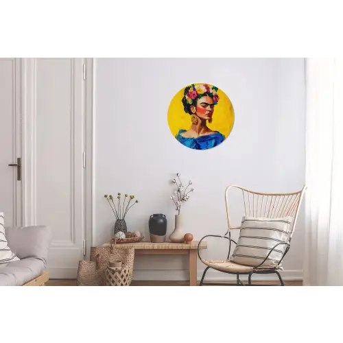Frida Kahlo - Vrouw - Geel - Blauw - Bloemen Wandcirkel aluminium klein -woonkamer