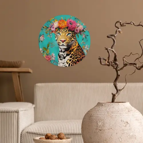 Luipaard - Bloemen - Kroon Wandcirkel behangsticker klein -sfeer1