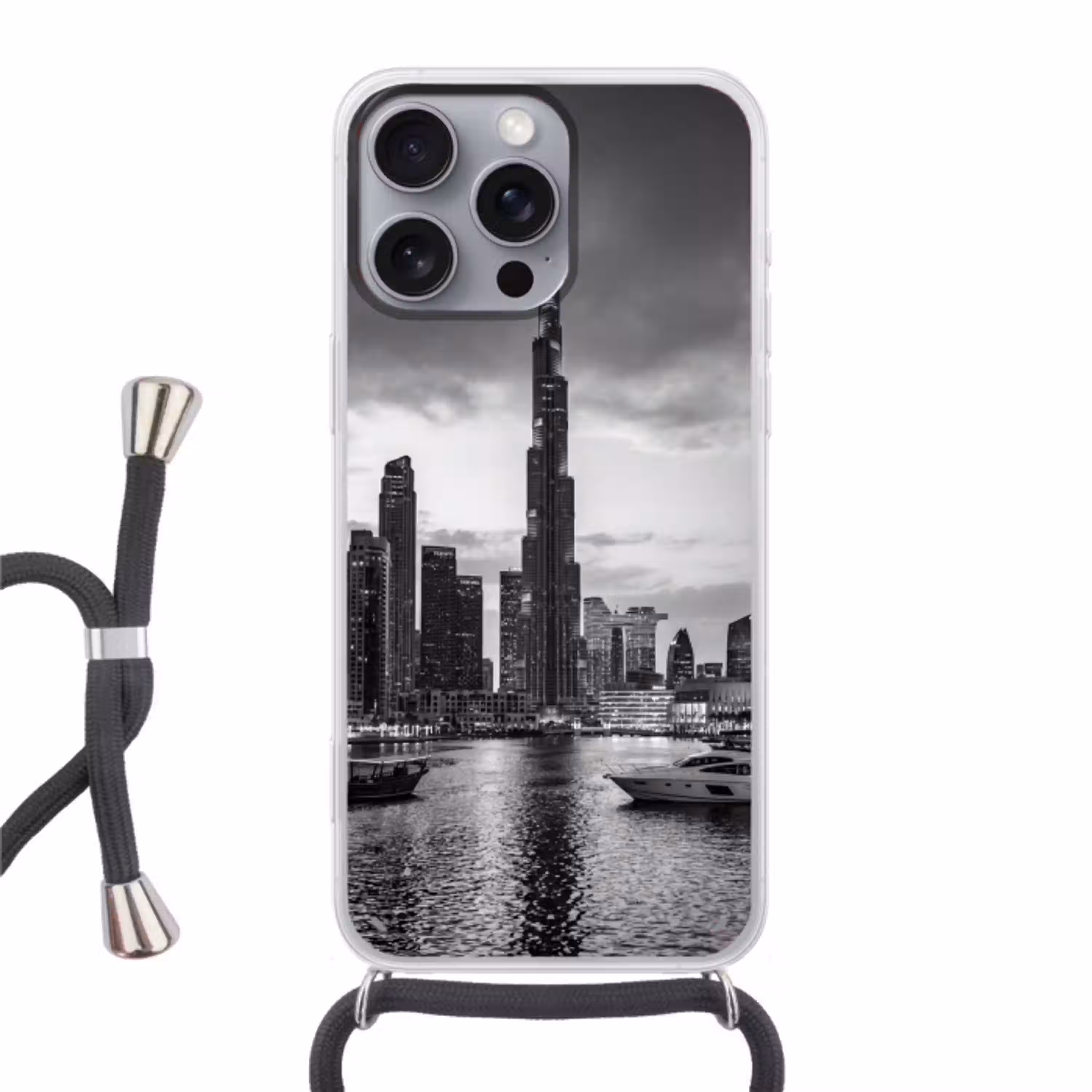 Stad - Skyline - Architectuur - Avond - Zwart-wit Hoesje iPhone 16 Pro Max met koord klein -3d