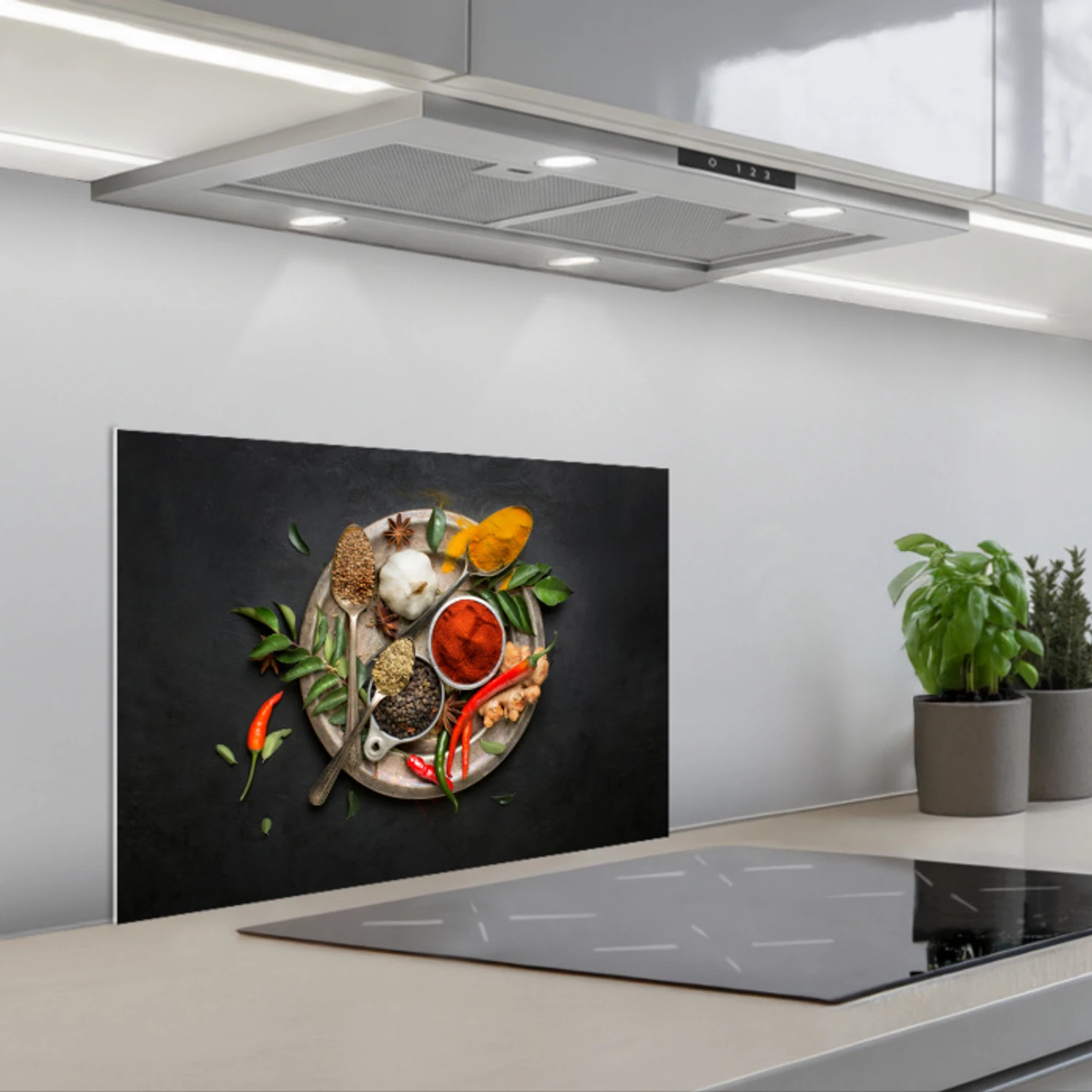 Kruiden - Bord - Peper - Zwart - Lepels - Zilver keuken achterwand spatscherm klein -3d_schuin