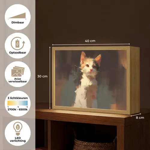 Kat - Geschilderd - Artistiek - Wit Light Box met batterij (Wandlamp) middel -USP_websiteoverzichtNL