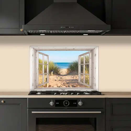 Doorkijk - Strand - Zee - Duinen - Zand - Water - Helmgras keuken achterwand spatscherm klein -sfeer1