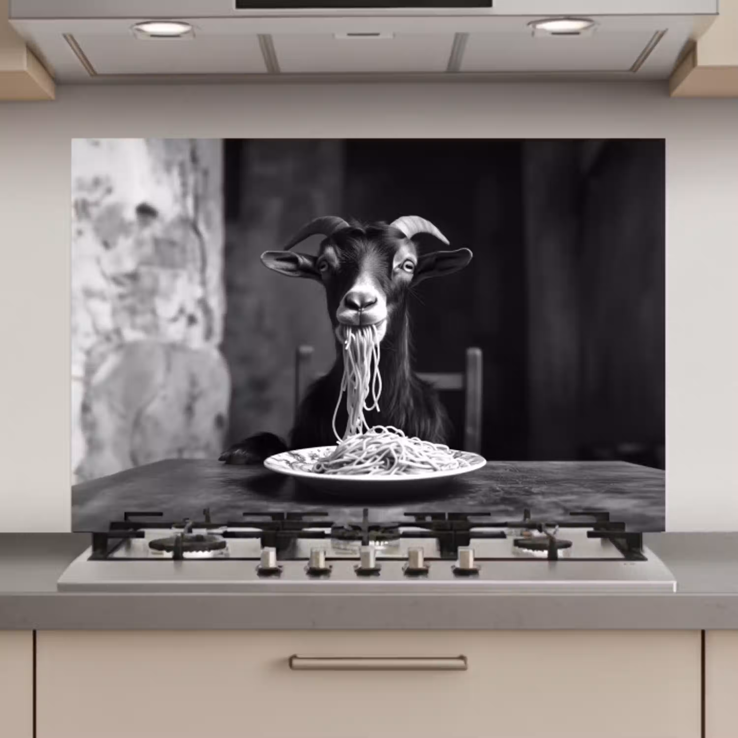 Geit - Bord - Spaghetti - Zwart Wit keuken achterwand spatscherm klein -3d_website