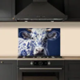 Koe - Delfts - Blauw - Artistiek keuken achterwand spatscherm klein -sfeer1