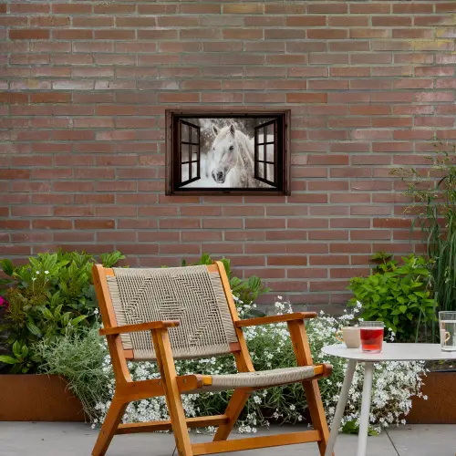 Doorkijk - Paard - Wit - Winterlandschap - Sneeuw Tuinposter op houten frame 2 cm dik klein -sfeer3
